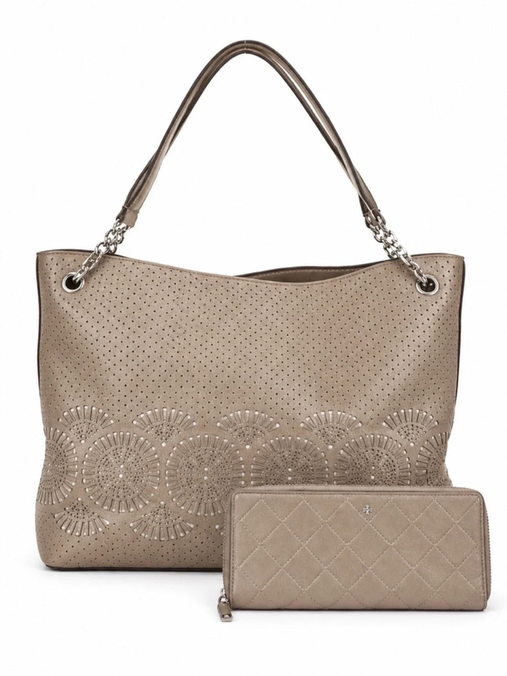 Tory Burch Taupe Perforated Tote and Wallet Set